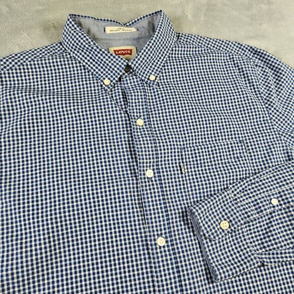 Levis Button Down Shirt Mens Large Slim Fit Blue Check Long Sleeve Pocket Office - Picture 1 of 10